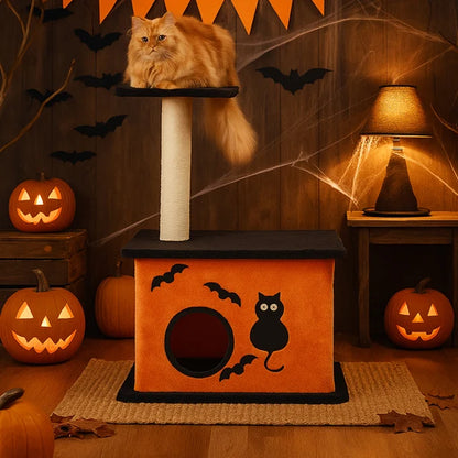 Halloween Cat Tree, Cat Tower Cat Tree For Indoor Cats With Spacious Cat Condo, Large Platform, Sisal Scratching Post, Orange & Black