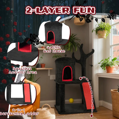 Gothic Cat Tree, Halloween Cat Tower Cat Tree With Spacious Cat Condo, Brach Shaped Scratching Post, Scratching Ladder, Spider Toy For Indoor Cats, Red & Black